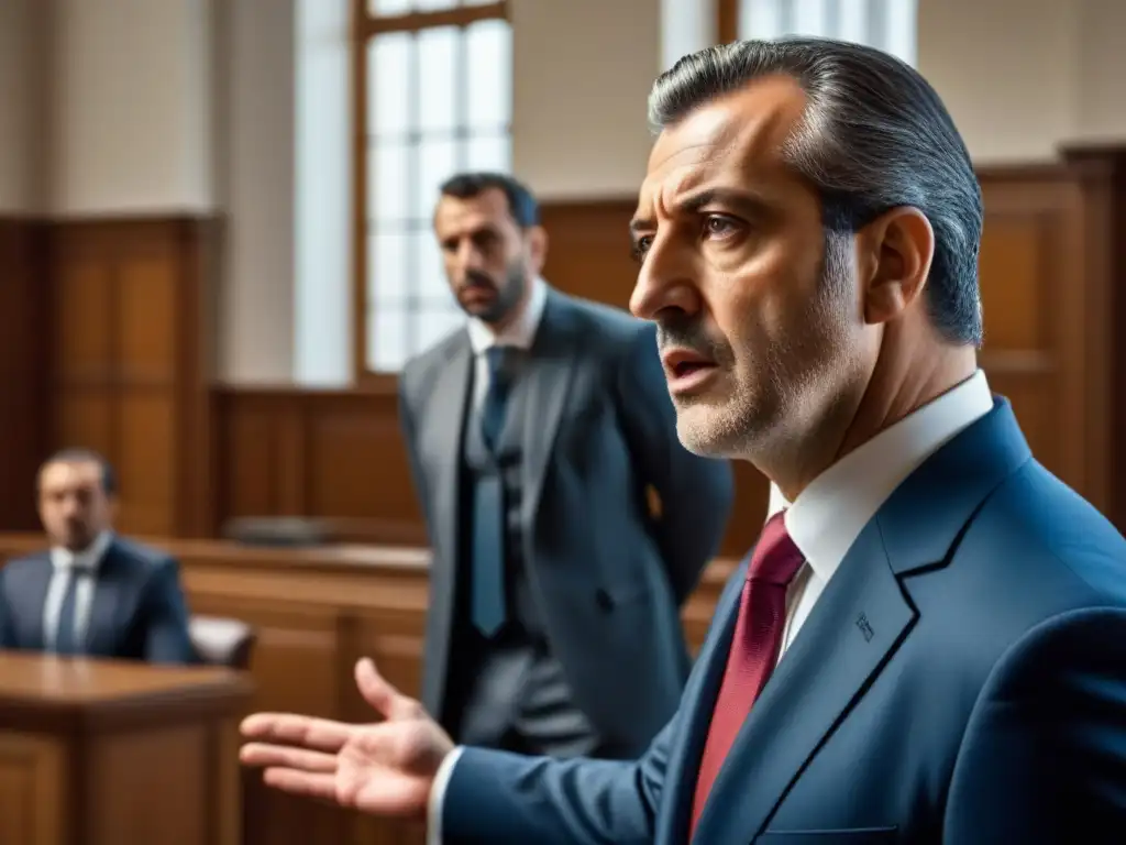 Defensa apasionada en juicio por Ley Hipotecaria en España Abogado defiende apasionadamente a cliente bajo la Nueva Ley Hipotecaria en España en sala de audiencias moderna y luminosa