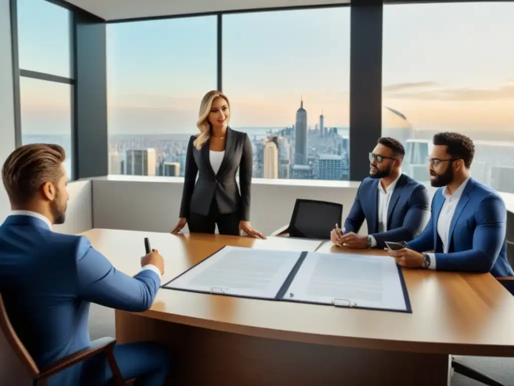 Profesionalismo y confianza: firma de contrato en oficina moderna Un abogado y una pareja firmando un contrato inmobiliario en una oficina moderna con un agente inmobiliario, mostrando profesionalismo y confianza