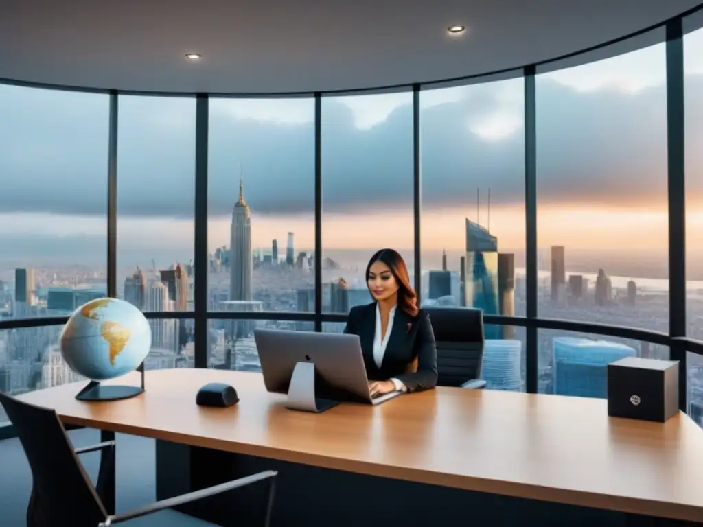 Abogado internacional en videoconferencia: inversión inmobiliaria Un abogado profesional en una oficina moderna con vista a la ciudad, discute sobre financiamiento de propiedades extranjero con inversionistas