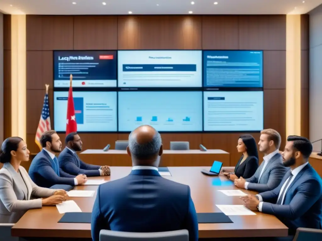 Abogados y clientes debaten estrategias en sala de juicio tecnológica para proyectos inmobiliarios Abogados y clientes resuelven conflictos legales con contratistas inmobiliarios en moderna sala de juicios