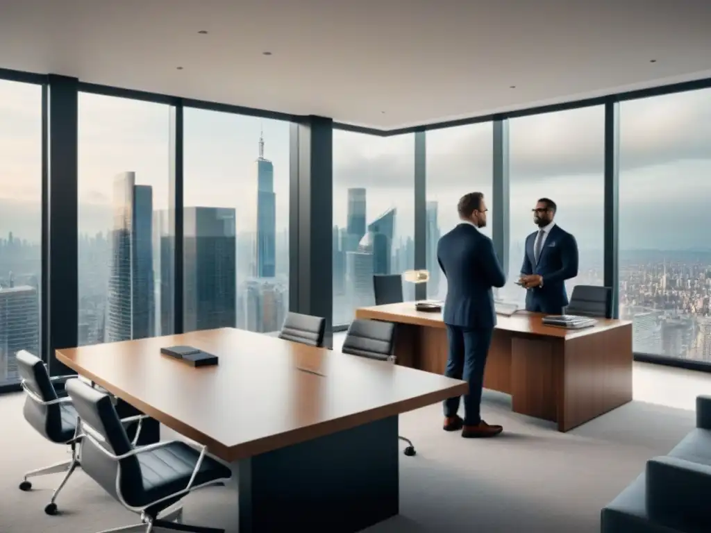 Oficina de abogados moderna en 8k: colaboración y expertise legal Abogados expertos en Guía documentación compraventa inmuebles México en moderna oficina legal con vista a la ciudad