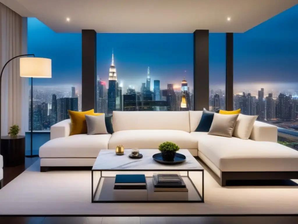 Sofisticada sala de estar con vista a la ciudad de noche Acogedor salón moderno con sofá blanco, arte contemporáneo, mesa de mármol y vista nocturna de la ciudad