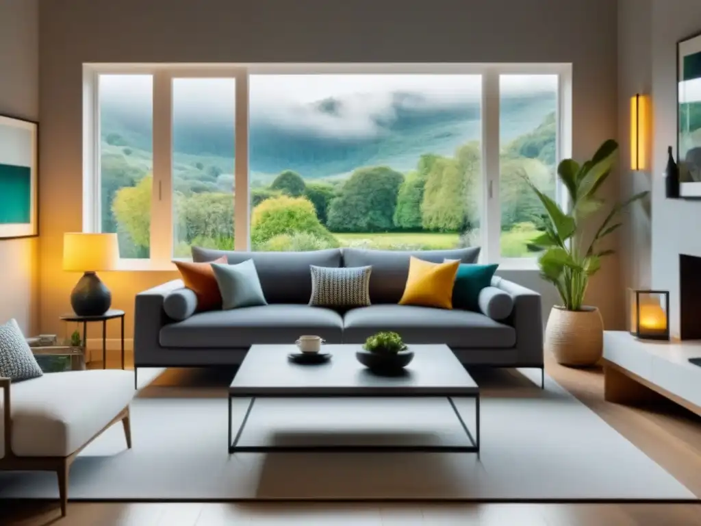 Sofisticada sala de estar con sofá gris y arte vibrante Acogedor salón moderno con sofá gris, mesa de café de cristal y ventana con vista a jardín exuberante