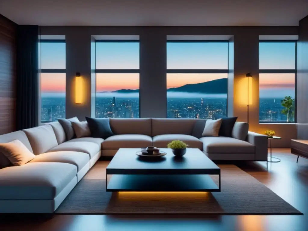 Salón moderno con iluminación inteligente: diseño minimalista y acogedor Acogedor salón moderno con iluminación inteligente para aumentar valor