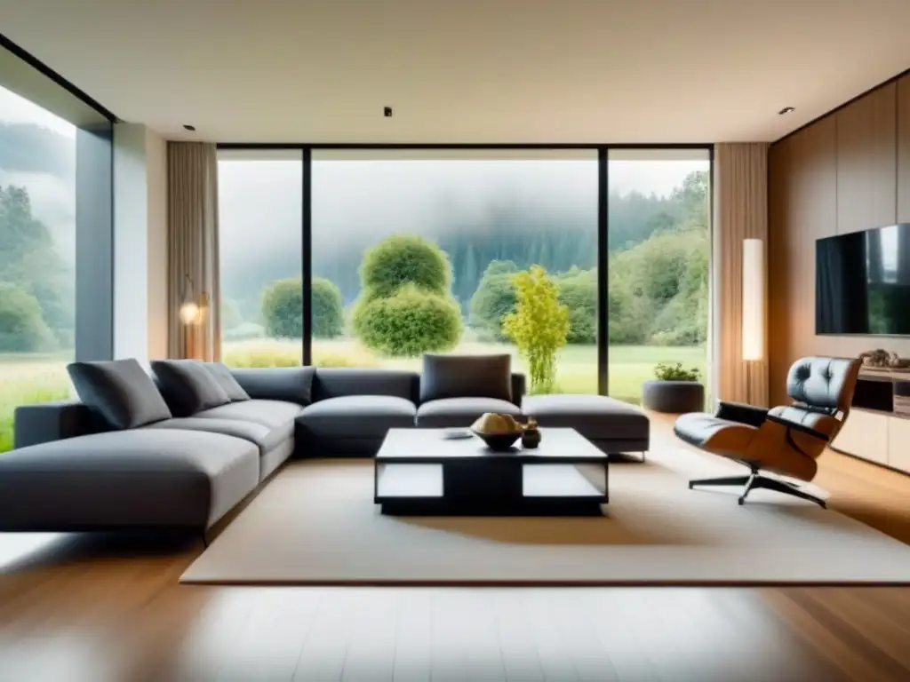 Salón moderno y sereno con vista a jardín exuberante Un acogedor salón moderno con muebles elegantes y grandes ventanales que muestran un hermoso jardín, con luz natural suave filtrándose