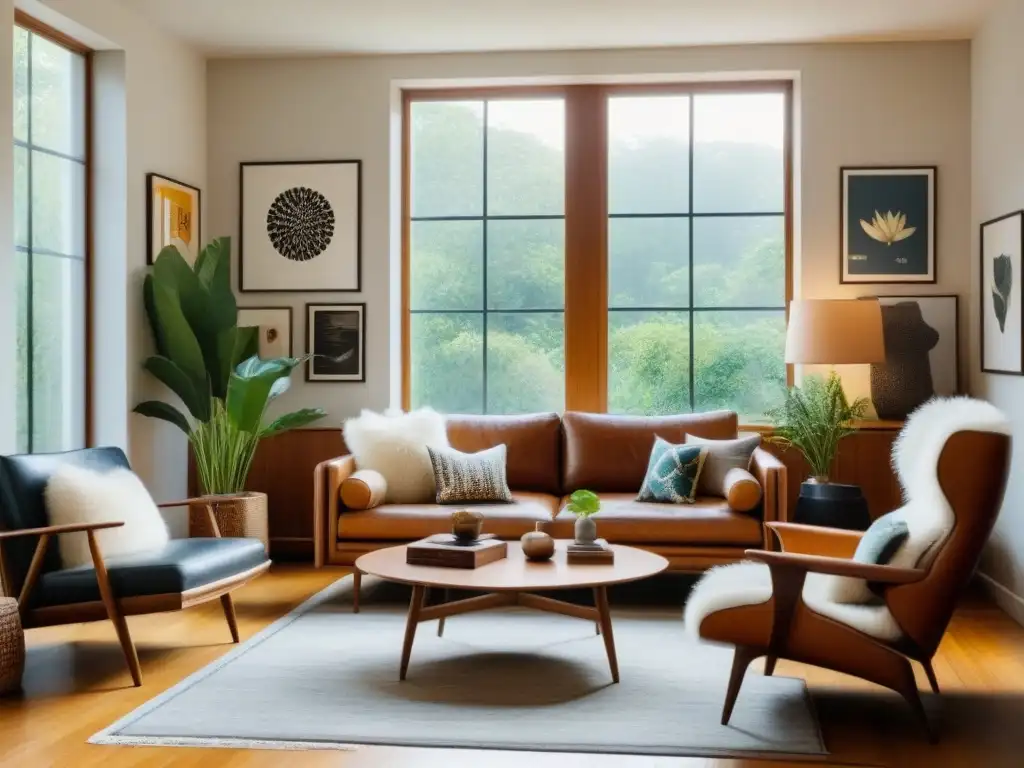 Sala vintage con muebles modernos y toques naturales Un acogedor salón soleado con diseño moderno, elementos vintage e influencia retro