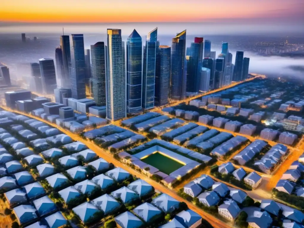 Inversiones Inmobiliarias Especializadas: Ciudad Vibrante y Diversa Invertir en REITs de nicho: Vista aérea impresionante de una ciudad bulliciosa con rascacielos modernos y propiedades únicas