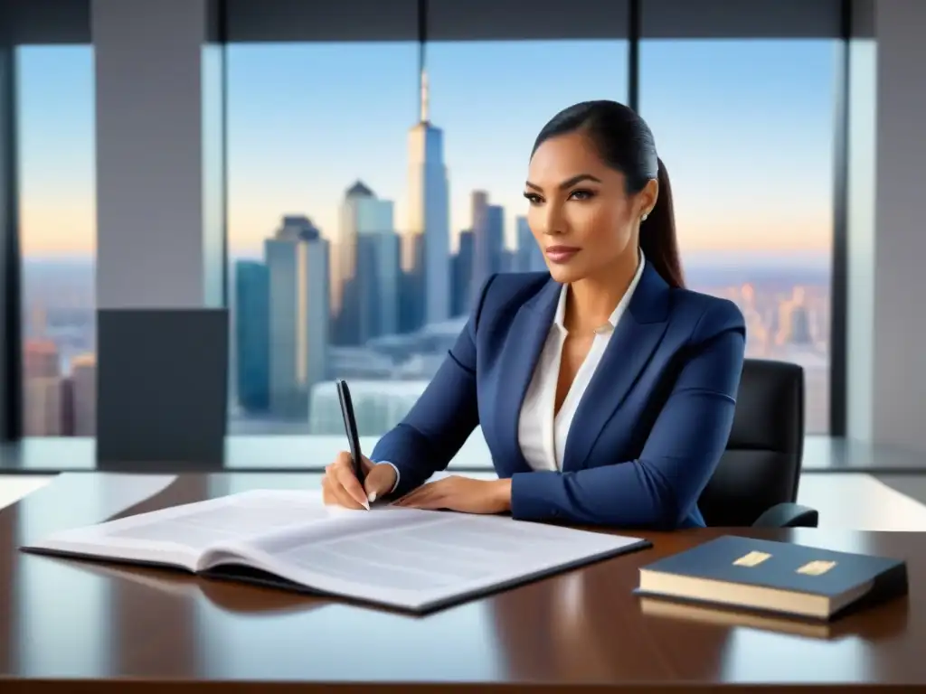 Una agente inmobiliaria hispana revisa 'Leyes Bienes Raíces' en su oficina, con vista a la ciudad
