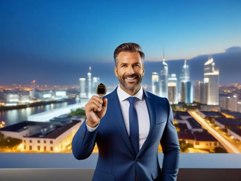 Agente inmobiliario experto frente a propiedad renovada en ciudad vibrante Un agente inmobiliario confiado muestra llaves frente a una propiedad renovada en una ciudad bulliciosa