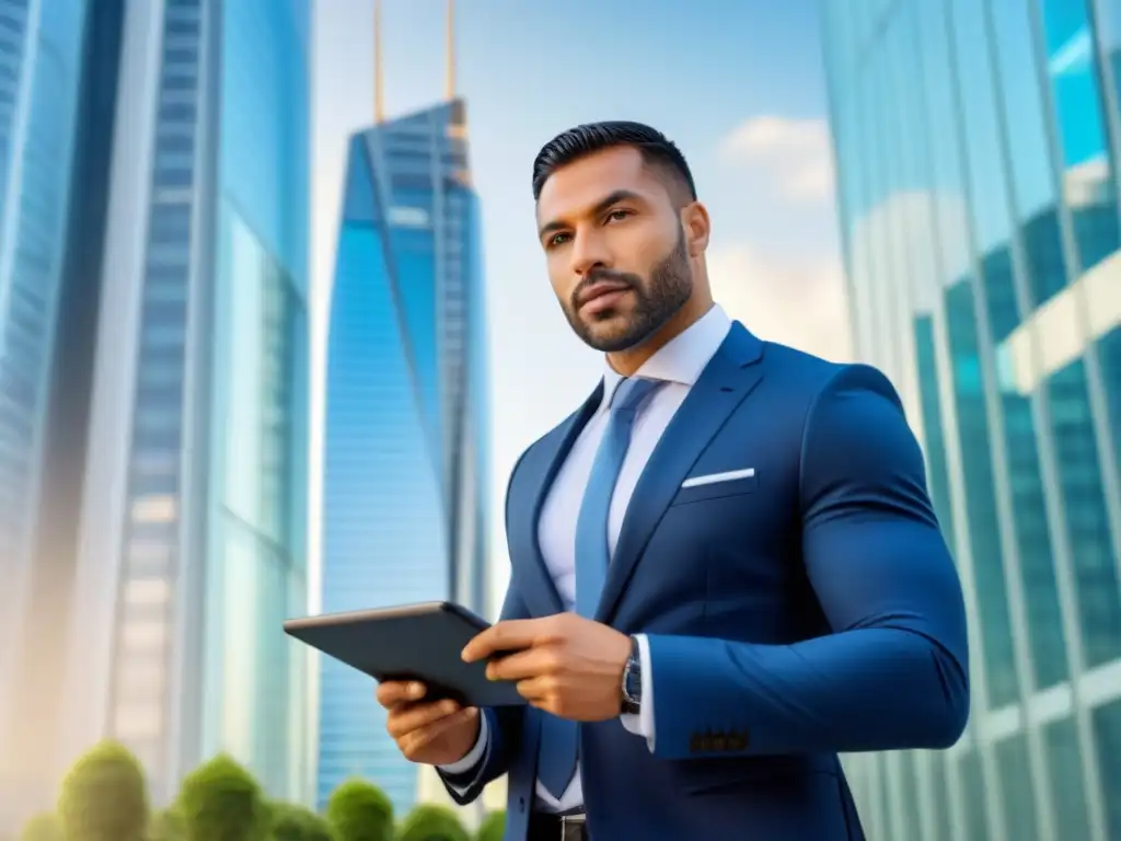 Agente inmobiliario moderno: transparencia y confianza Agente inmobiliario de confianza frente a edificio futurista, simbolizando ética en el mercado inmobiliario