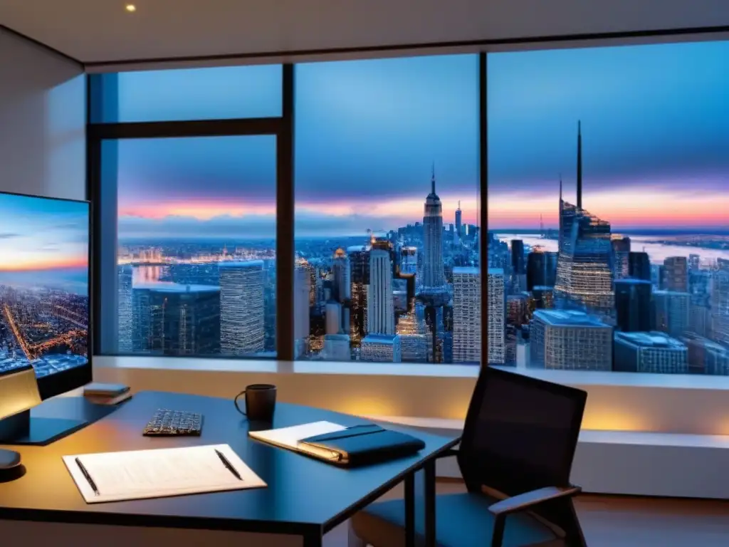 Agente inmobiliario analiza herramientas de valoración con vista urbana Agente inmobiliario analizando Herramientas valoración propiedades tiempo real en oficina moderna con vista urbana