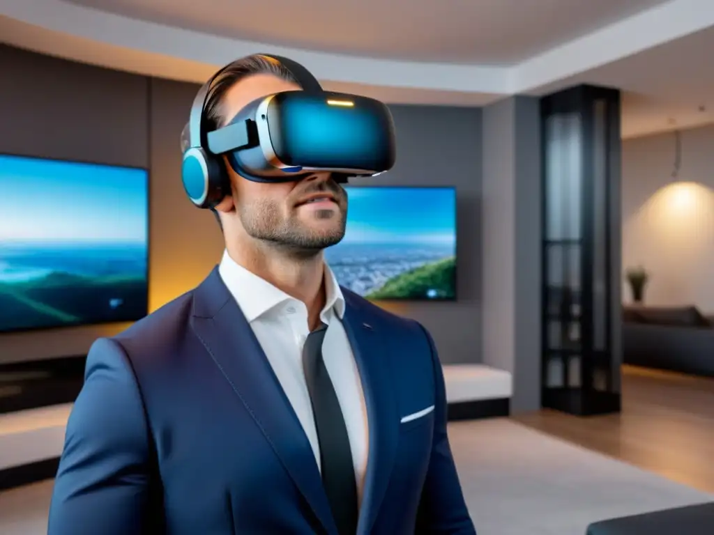Realidad virtual inmersiva: Tour de lujo en casa inteligente 3D Un agente inmobiliario profesional usando un auricular de realidad virtual, explorando un tour virtual de una casa inteligente de alta tecnología