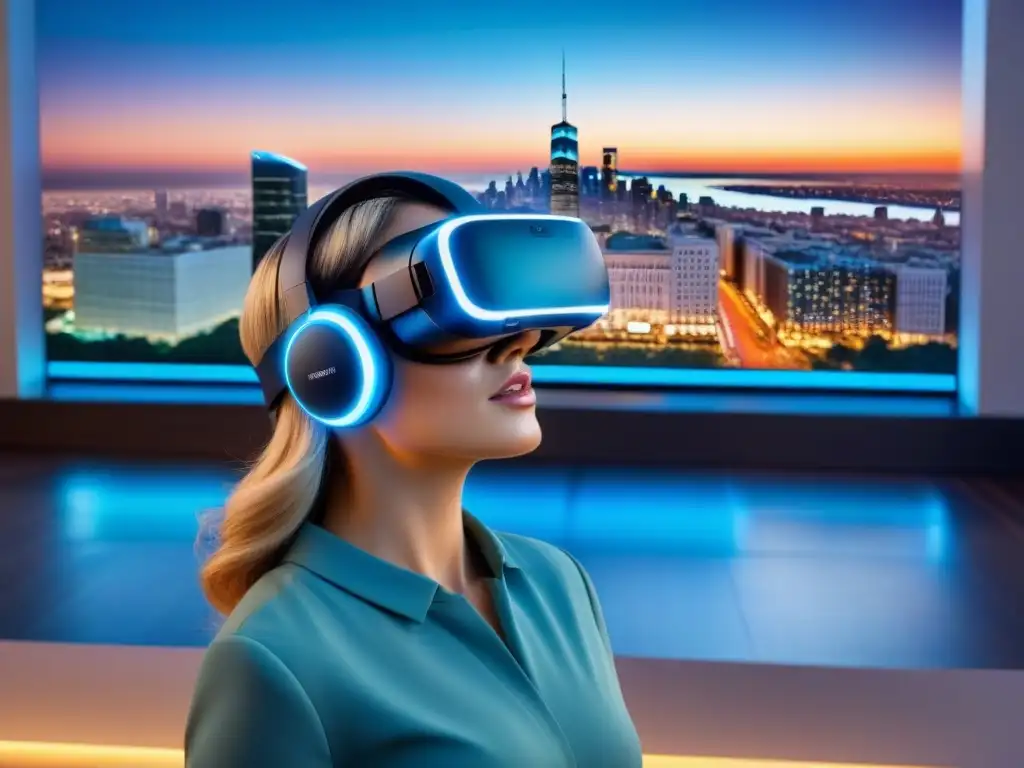 Realidad virtual inmobiliaria: tour 3D de lujo Un agente inmobiliario profesional usa un auricular de realidad virtual en un mundo virtual futurista