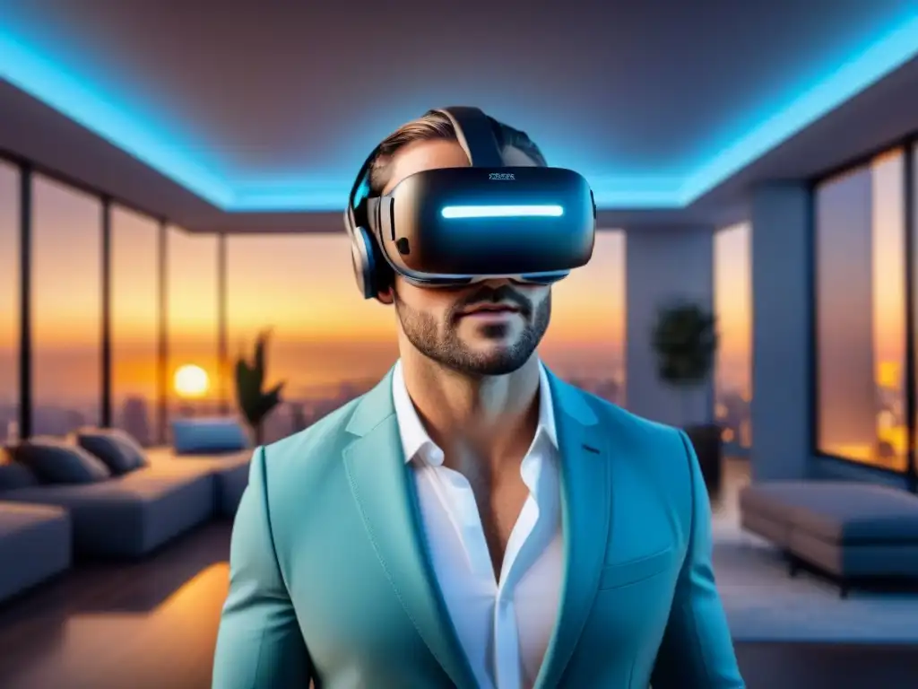 Realidad Virtual en Bienes Raíces: Innovación Futurista Un agente inmobiliario profesional usando un auricular de realidad virtual, rodeado de listados de propiedades en realidad aumentada