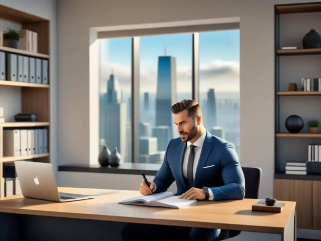 Agente inmobiliario experto en moderna oficina Agente inmobiliario profesional revisando documentos en una oficina elegante con vista a la ciudad