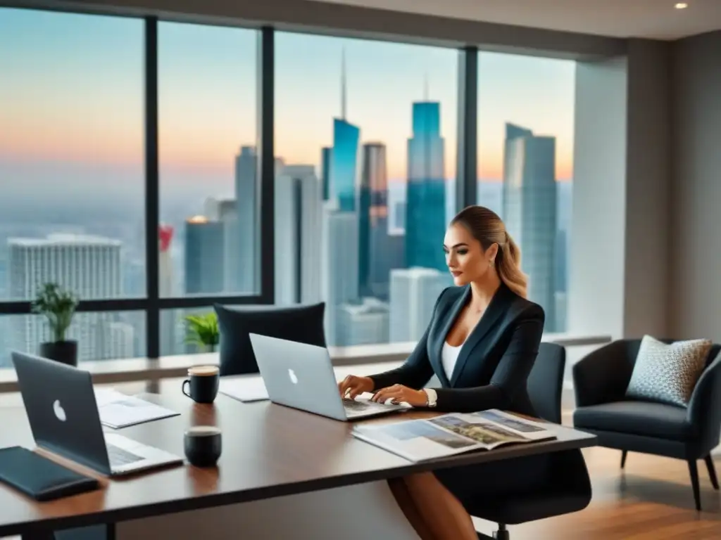 Oficina inmobiliaria moderna con agente profesional trabajando Un agente inmobiliario profesional trabajando en un moderno escritorio de oficina, rodeado de folletos, llaves y una vista a la ciudad