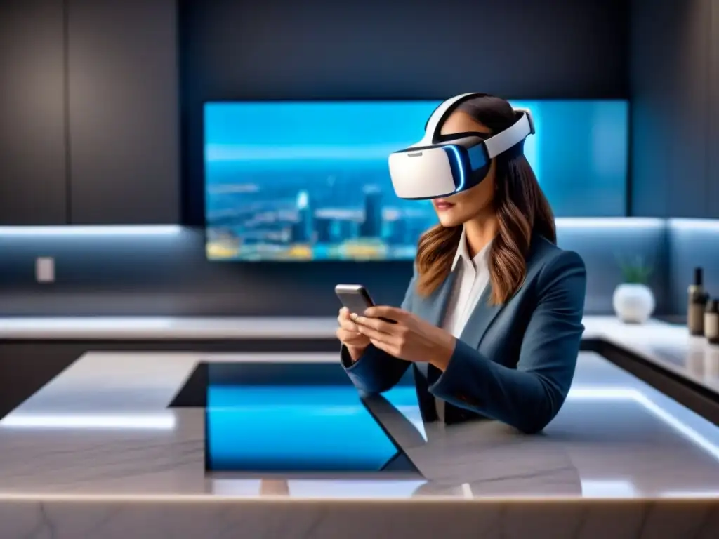 Realidad virtual inmobiliaria: agente experto y propiedades futuristas Un agente inmobiliario en realidad aumentada examina propiedades holográficas futuristas