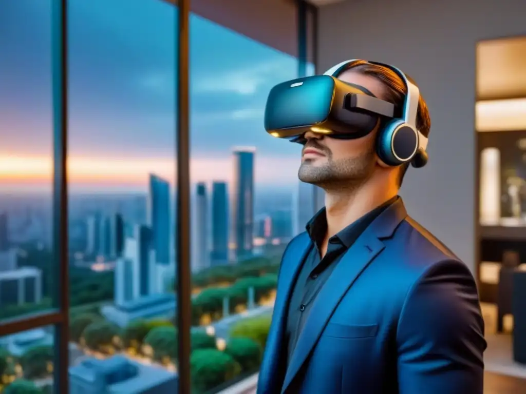 Tour virtual de lujo: apartamentos y ciudad futurista Un agente inmobiliario en realidad aumentada muestra un lujoso complejo de apartamentos en 3D
