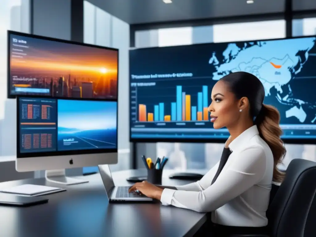 Agente de seguros comerciales en oficina futurista: experto en propiedad Un agente de seguros de propiedades comerciales ofrece consejos desde su moderna oficina futurista