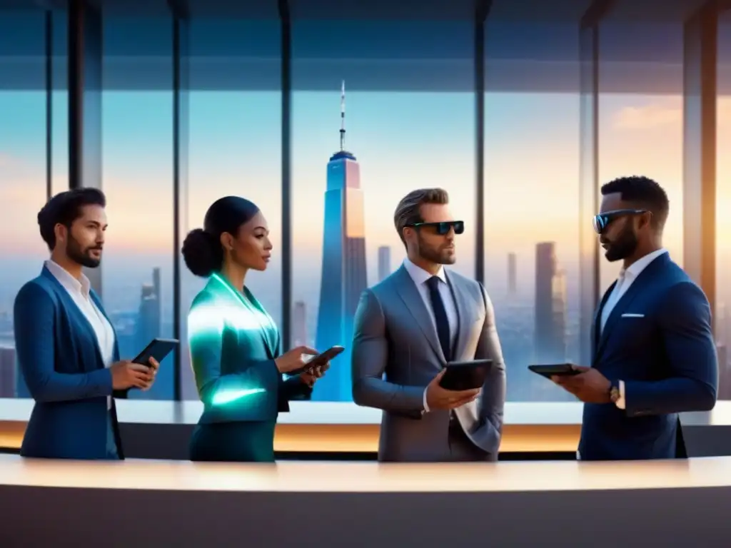 Agentes inmobiliarios adaptándose a las leyes y tecnología en una ciudad futurista al anochecer