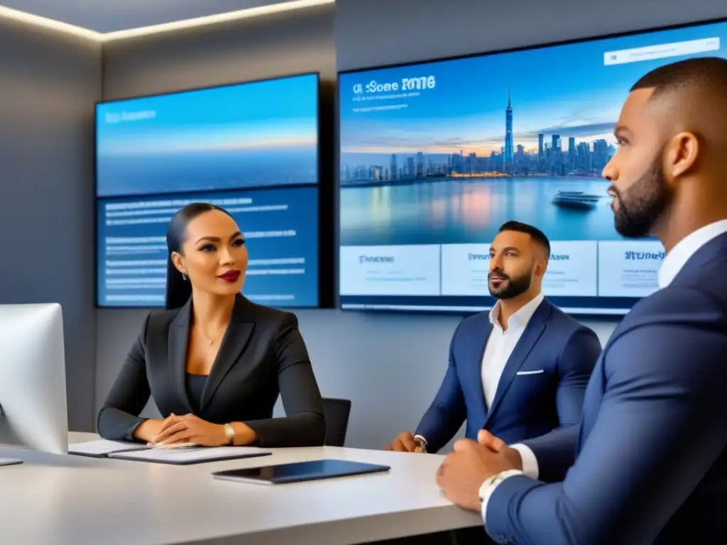 Profesionales inmobiliarios en oficina moderna Agentes inmobiliarios en una oficina moderna, discutiendo documentos y viendo listados de propiedades en pantallas digitales elegantes