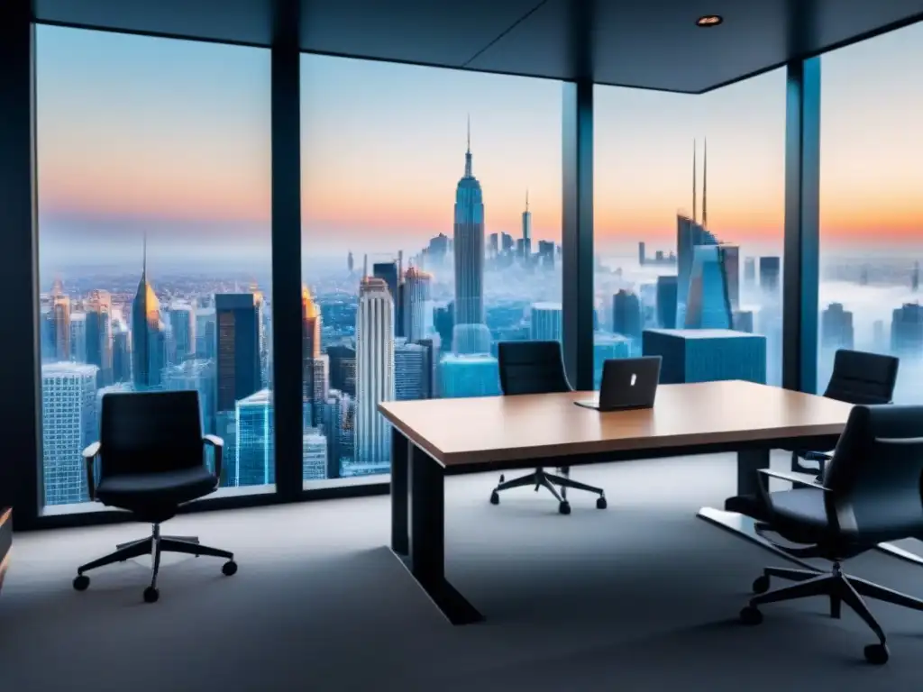 Oficina moderna con agentes inmobiliarios innovadores y vista panorámica Agentes inmobiliarios colaborando en una oficina moderna con herramientas IA para Agentes Inmobiliarios