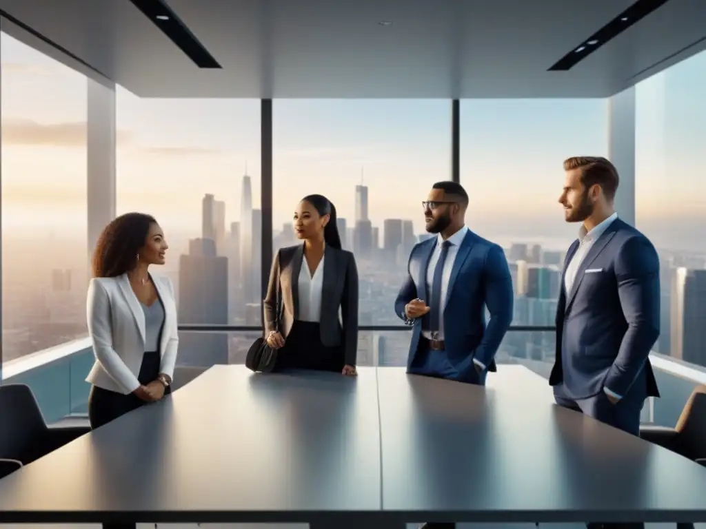Equipo diverso de agentes inmobiliarios en oficina moderna Agentes inmobiliarios compra propiedades remate reunidos en moderna oficina, reflejando colaboración y profesionalismo