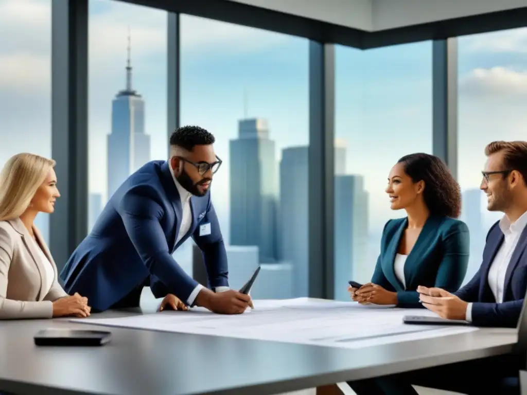 Profesionales inmobiliarios colaborando en oficina moderna Agentes inmobiliarios colaboran con responsabilidad ética en moderna oficina iluminada