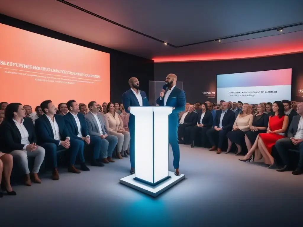 Subasta inmobiliaria: agentes y clientes en acción Agentes inmobiliarios en subastas y clientes en sala de subastas moderna, con emoción y profesionalismo