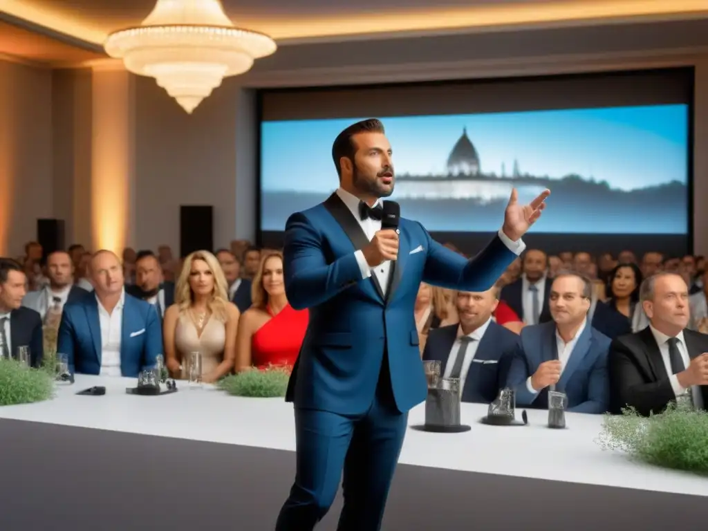 Subasta de lujo en elegante evento inmobiliario Agentes inmobiliarios en subastas: Evento de lujo en moderno lugar, con pujadores elegantes y un subastador carismático en el escenario