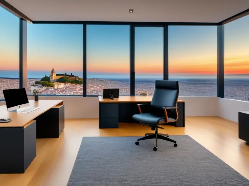 Oficina inmobiliaria española: 8k ultradetallada con agentes y clientes Agentes inmobiliarios en España: Oficina vibrante con asesores y clientes, decoración moderna y ventanales con la ciudad al fondo