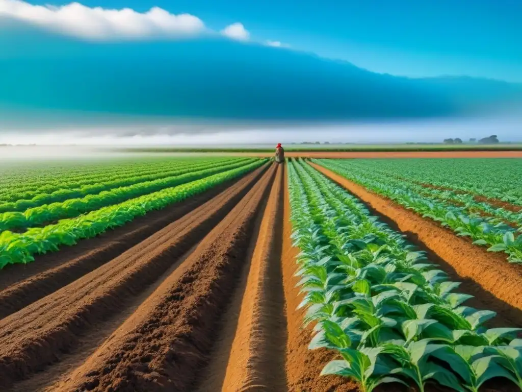 Plantando semillas con cuidado: agricultura sostenible en acción Un agricultor en un campo verde plantando semillas con cuidado, representando la inversión sostenible en tierras agrícolas