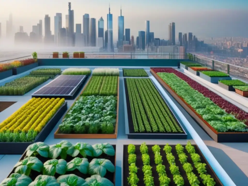 Jardín urbano sostenible: cosecha diversa en 8k Agricultura urbana en espacios: Jardín en la azotea de la ciudad, diversidad de cultivos y tecnología sostenible