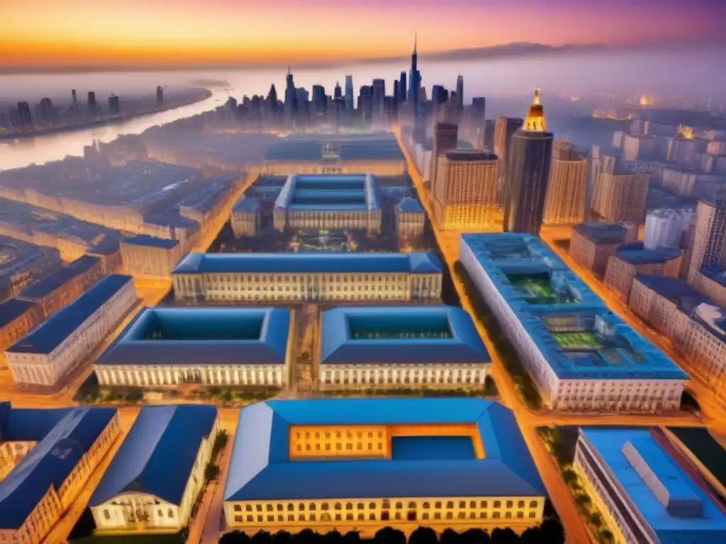 Armonía arquitectónica: Fusión histórica y moderna al atardecer Alianzas estratégicas en el mercado inmobiliario: fusión armónica entre lo antiguo y lo moderno en la ciudad al atardecer