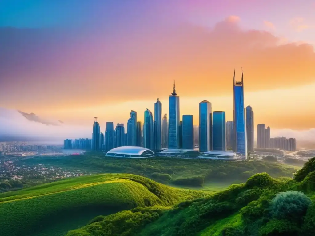 Metrópolis futurista: armonía entre modernidad y naturaleza Alianzas estratégicas en mercado inmobiliario: Ciudad futurista con rascacielos y naturaleza integrada, simbolizando progreso y sostenibilidad