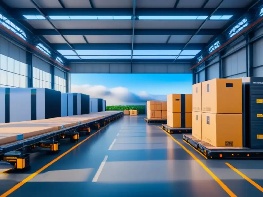 Almacén del futuro: Tecnología y eficiencia en logística eCommerce Un almacén futurista rodeado de vegetación, con estructuras metálicas elegantes y maquinaria robótica de vanguardia moviendo paquetes con precisión