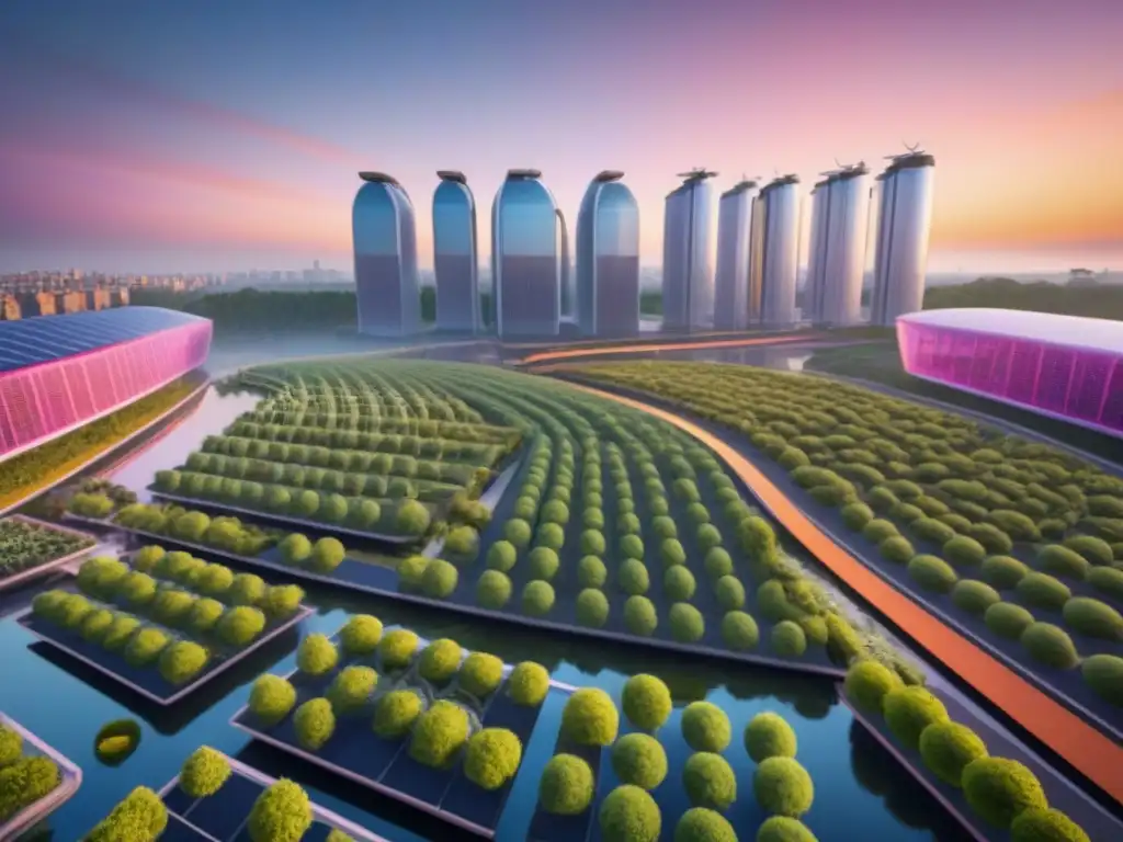 Metrópolis sostenible: fusión naturaleza-tecnología al amanecer Un amanecer futurista en la ciudad con innovaciones sostenibles integradas, destacando desarrollos urbanos ecoconscientes en el 2023