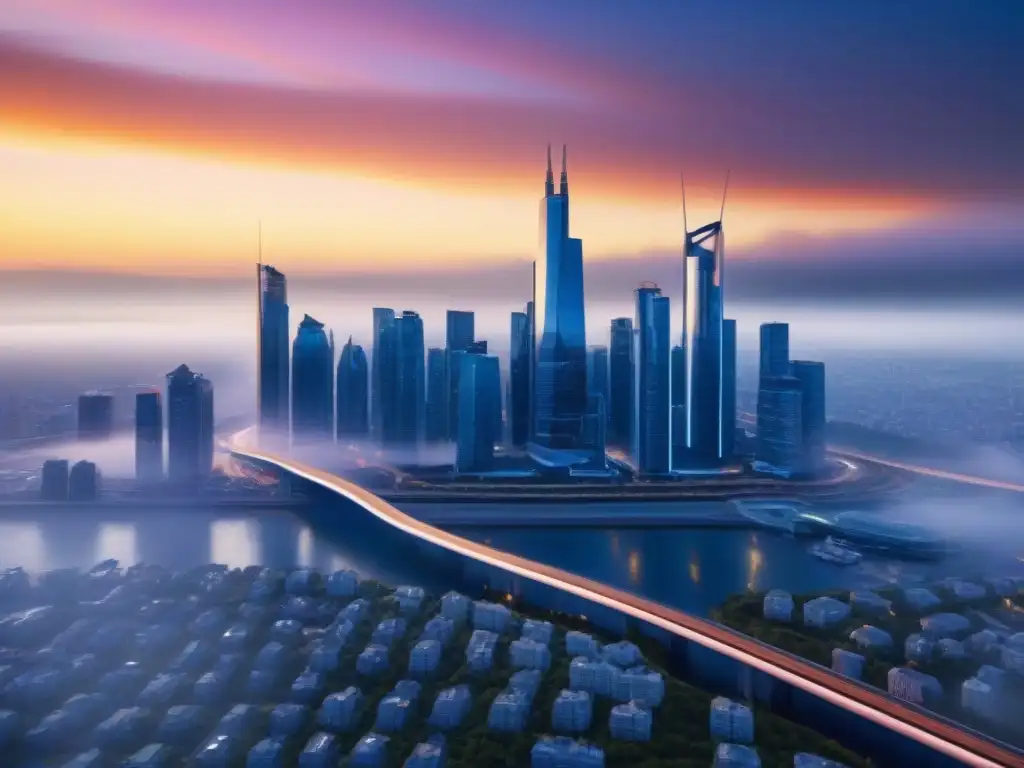 Metrópolis futurista al amanecer: inversión estratégica en bienes raíces Un amanecer futurista en una ciudad con rascacielos reflectantes, autos autónomos y un cielo despejado