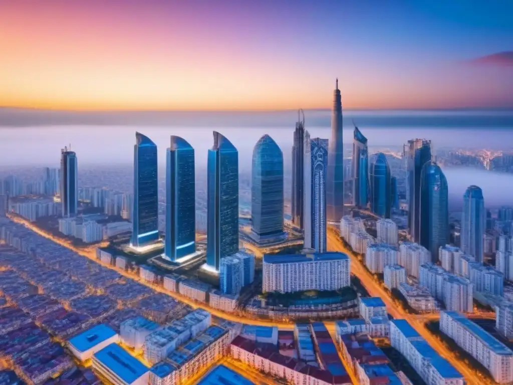 Skyline futurista: Revolución inmobiliaria con redes sociales en Sudamérica Un amanecer futurista en una ciudad con rascacielos y redes sociales compra venta inmuebles en Sudamérica