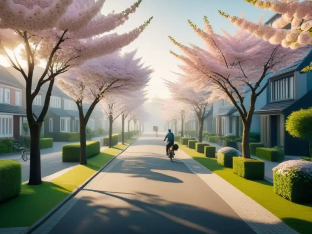 Barrio residencial sereno con jardines y árboles en flor Un amanecer sereno en una calle residencial, con townhouses modernas y jardines en azoteas verdes