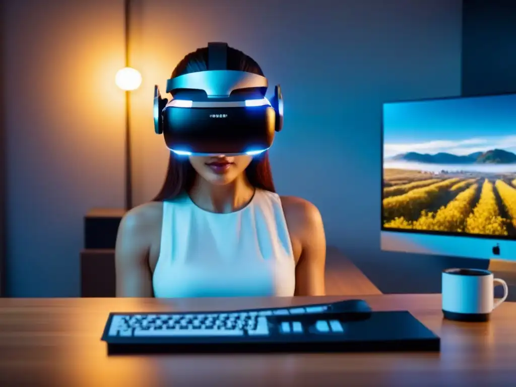 Realidad virtual de lujo en inmobiliaria moderna Un ambiente futurista en una agencia inmobiliaria con auriculares de Realidad Virtual Compra Viviendas Distancia