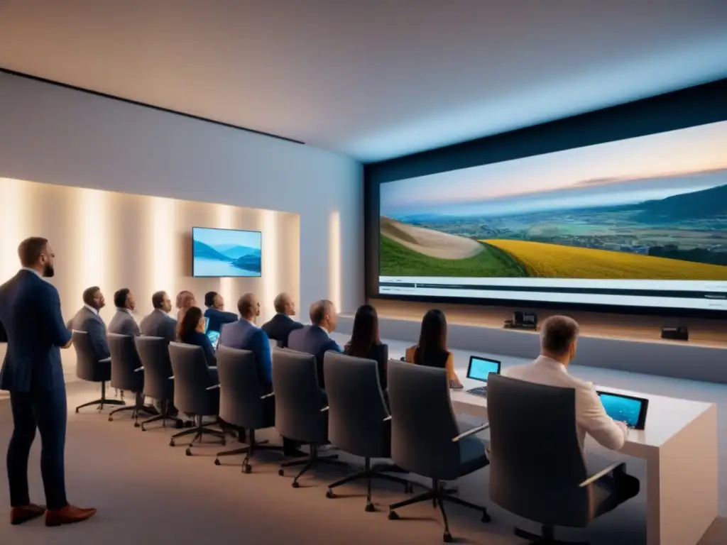 Subasta inmobiliaria futurista: diversidad y tecnología en acción Un ambiente futurista en una subasta inmobiliaria moderna con diversidad de personas