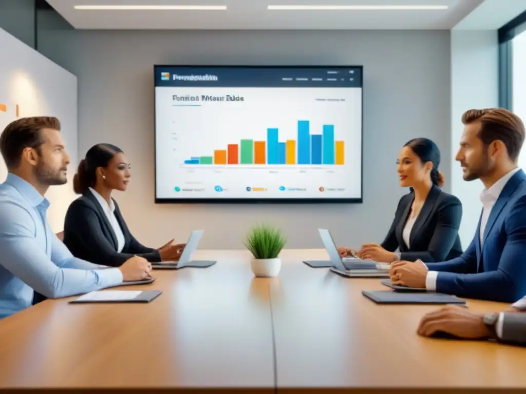 Profesionales discutiendo estrategias financieras en sala moderna Un ambiente moderno y profesional en una oficina con expertos discutiendo sobre mejores hipotecas propiedades comerciales