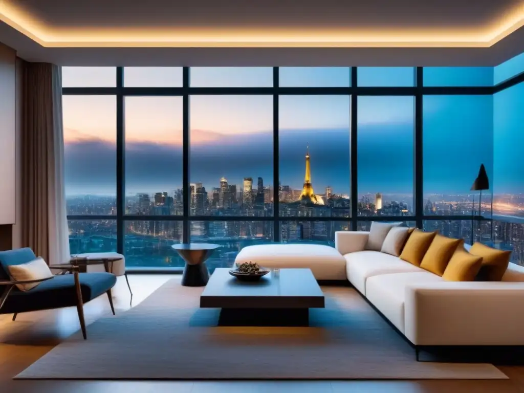Salón de lujo con vista nocturna de la ciudad para refinanciamiento exitoso Ambiente refinado y relajante para refinanciamiento sin estrés en el mercado inmobiliario