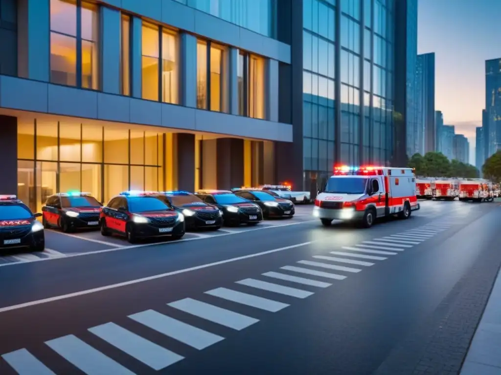 Escena nocturna de emergencia en la ciudad Ambulancia llegando a edificio urbano: Importancia servicios emergencia propiedades urbanas