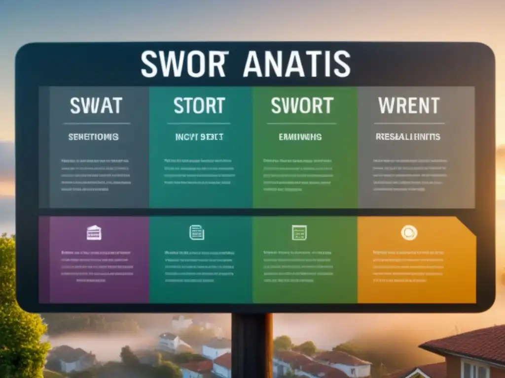 Análisis SWOT para Inversiones Inmobiliarias: Detalles clave Un análisis SWOT en inversiones inmobiliarias detallado y moderno, con un diseño profesional y sofisticado