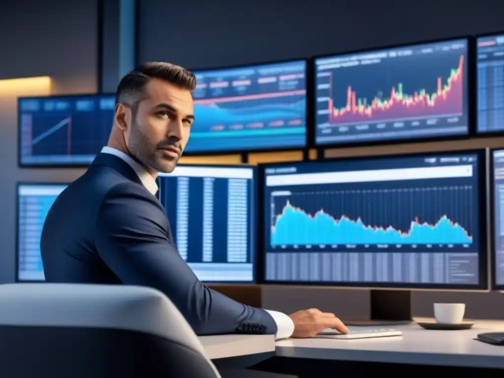 Análisis financiero inmobiliario con software avanzado Un analista financiero calcula el flujo de caja para inversiones inmobiliarias en una oficina futurista