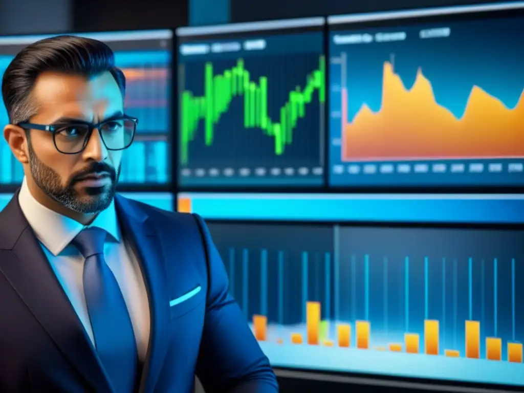 Analista financiero experto en MBS: tecnología y estrategia Un analista financiero examina gráficos de bonos respaldados por hipotecas en una interfaz digital futurista