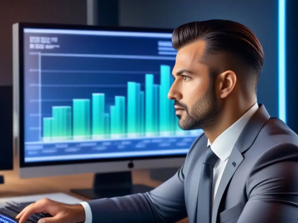 Analista financiero moderno analizando tendencias inmobiliarias en pantalla de alta tecnología Analista financiero revisando tendencias del mercado inmobiliario