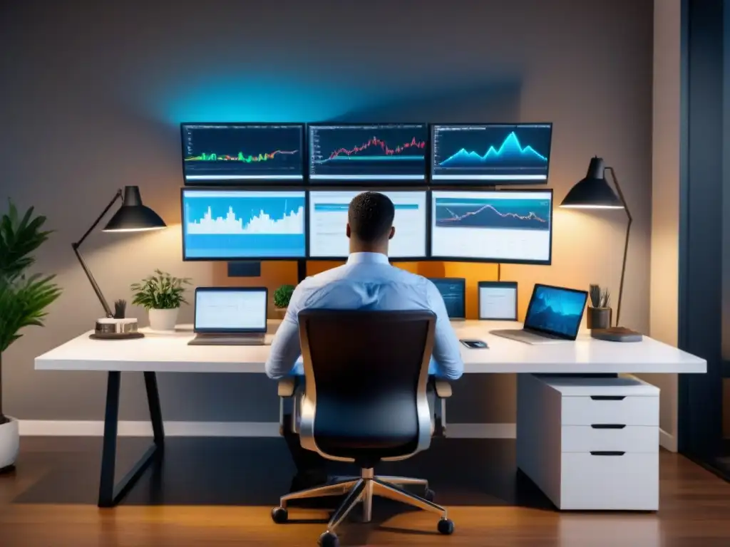 Analista inmobiliario en oficina moderna con valoración personalizada Analista inmobiliario elaborando informes de valoración de propiedades en una oficina moderna y personalizada con herramientas de análisis de datos